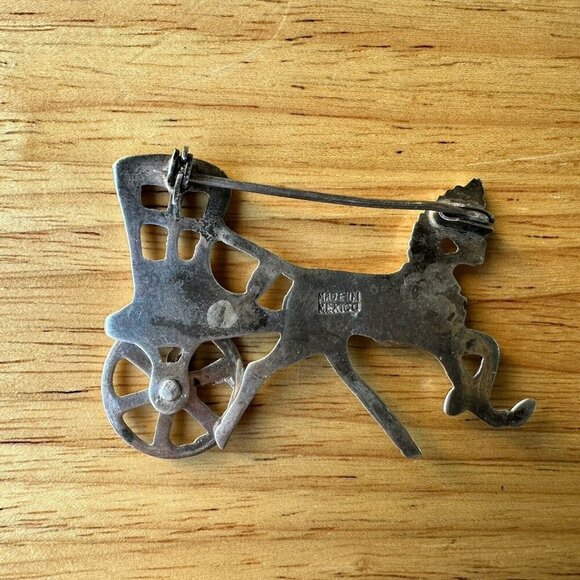VTG Mexico Brooch Horse‎ Buggy 2.25" Turquoise Articulated Wheel Sterling 16.3g - Picture 2 of 7